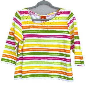 Hearts of Palm Colorful Beaded top 3/4 sleeves Size Petite Medium Cotton